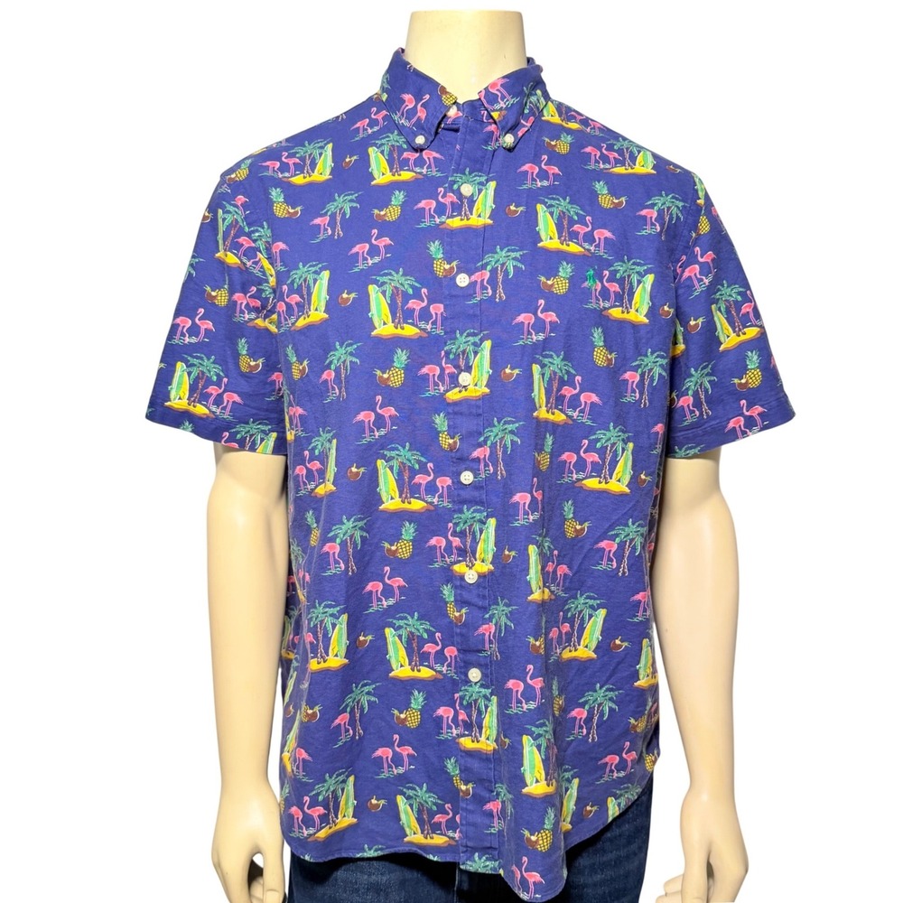 Ralph Lauren Button Down Shirt Mens XL Blue Excellent Flamingo Tropical Print‎
